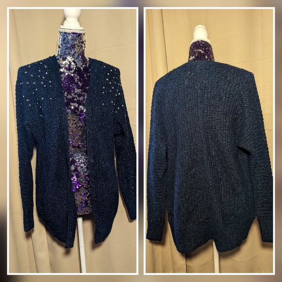 Lane Bryant 14/16 Navy Blue & Gold Cardigan Sweater with Studded Shoulder - Picture 1 of 7